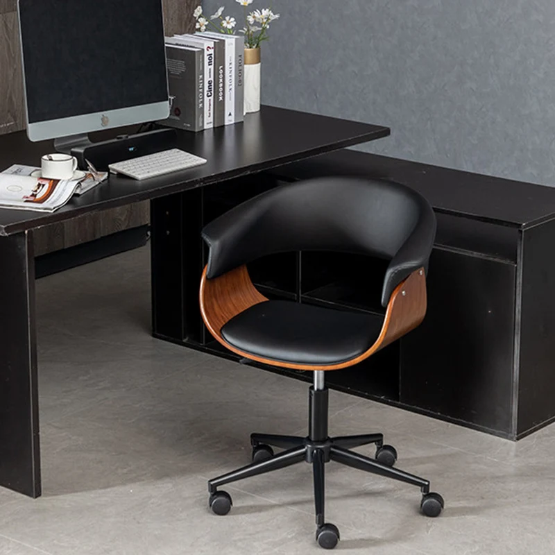 Modern Minimalist PU Leather Plywood Stainless Steel Iron Curved Ergonomic Adjustable Height Swivel Desk Chair With Backrest & Wheels For Home Office