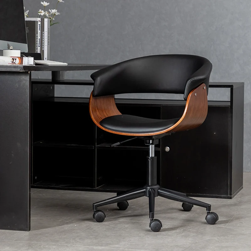 Modern Minimalist PU Leather Plywood Stainless Steel Iron Curved Ergonomic Adjustable Height Swivel Desk Chair With Backrest & Wheels For Home Office