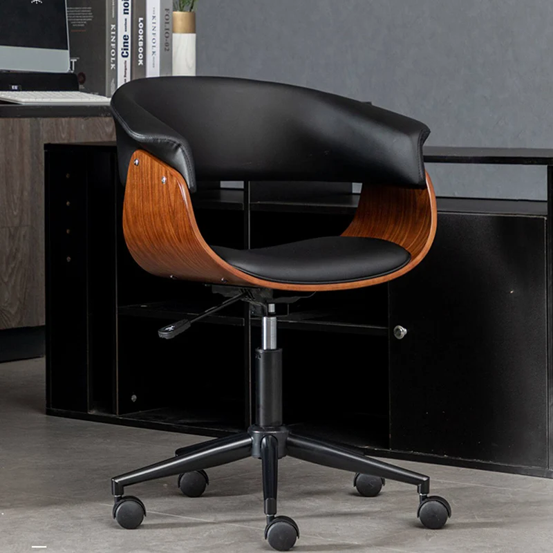 Modern Minimalist PU Leather Plywood Stainless Steel Iron Curved Ergonomic Adjustable Height Swivel Desk Chair With Backrest & Wheels For Home Office