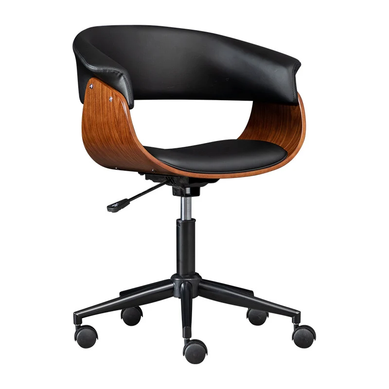 Modern Minimalist PU Leather Plywood Stainless Steel Iron Curved Ergonomic Adjustable Height Swivel Desk Chair With Backrest & Wheels For Home Office