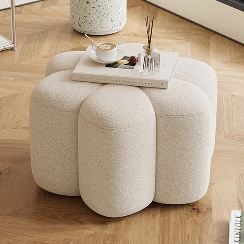 Contemporary Creative Sherpa Fabric Solid Wood Petal Low Stool For Living Room & Entryway