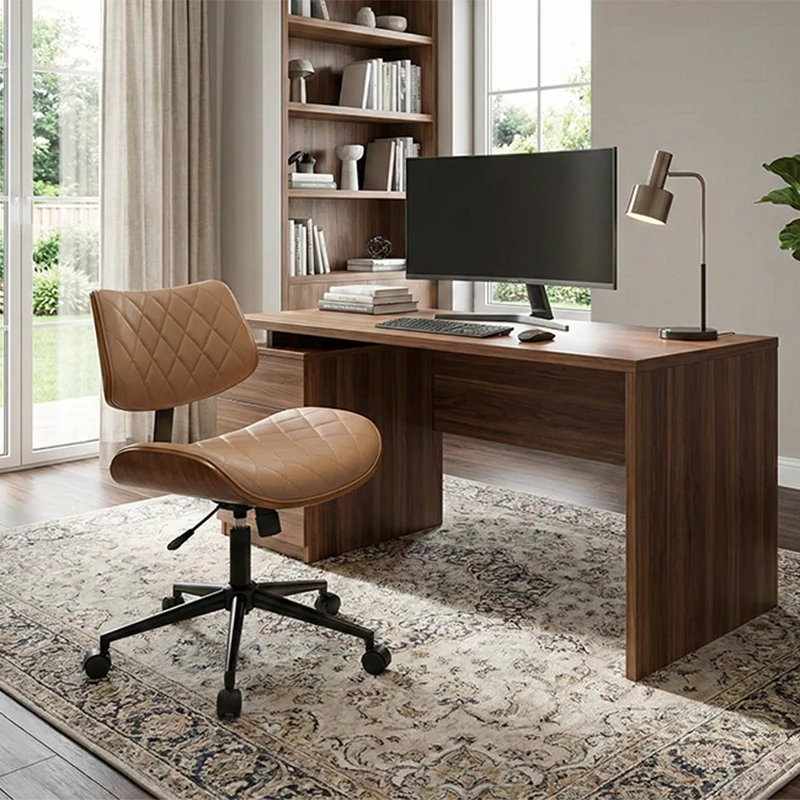 Modern Luxury PU Leather Plywood Stainless Steel Iron Curved Adjustable Height Swivel Desk Chair With Rolling Wheels For Office Use