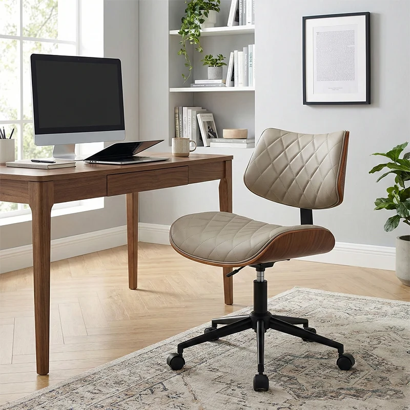 Modern Luxury PU Leather Plywood Stainless Steel Iron Curved Adjustable Height Swivel Desk Chair With Rolling Wheels For Office Use