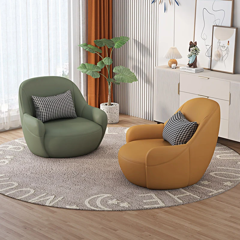 Modern Minimalist Faux Leather Rounded Accent Chair With Armrests & Backrest For Living Room