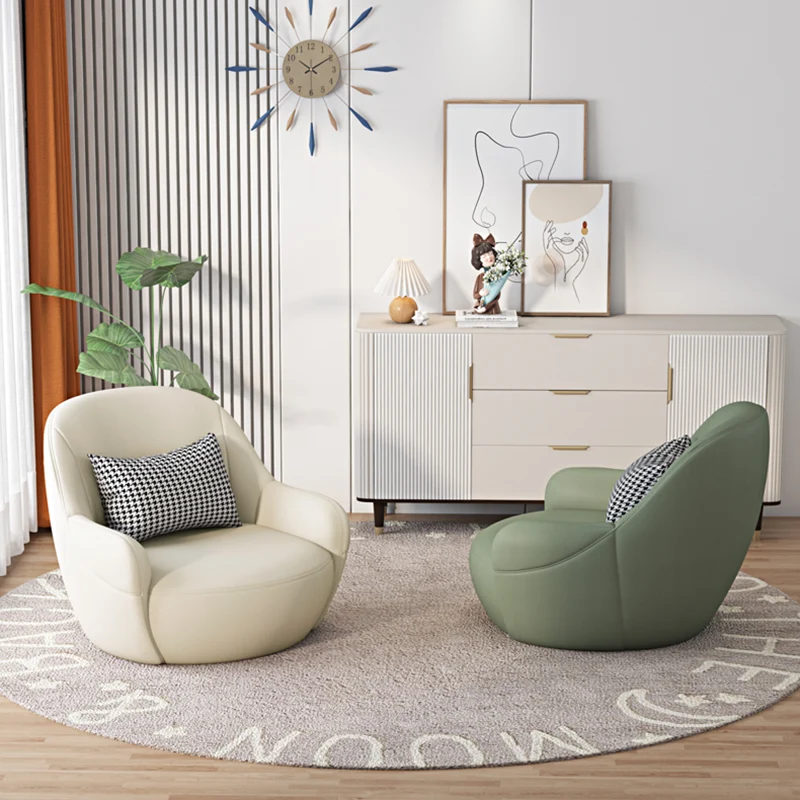 Modern Minimalist Faux Leather Rounded Accent Chair With Armrests & Backrest For Living Room