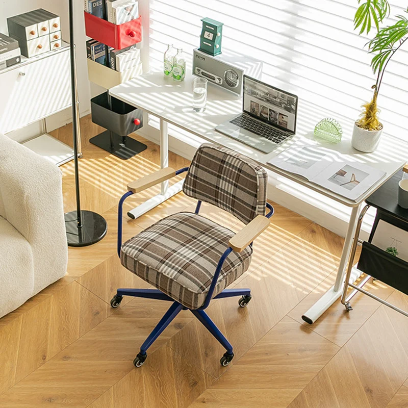 Contemporary Retro Aluminum Alloy, Stainless Steel Fabric Rounded Adjustable Height Swivel Desk Chair With Armrests & Wheels For Home Office And Bedroom