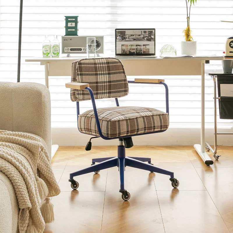 Contemporary Retro Aluminum Alloy, Stainless Steel Fabric Rounded Adjustable Height Swivel Desk Chair With Armrests & Wheels For Home Office And Bedroom