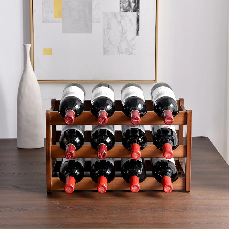 Traditional Vintage Bamboo Rectangular Wine Rack Storage Shelf With 3/4 Tier Display Organizer For Living Room