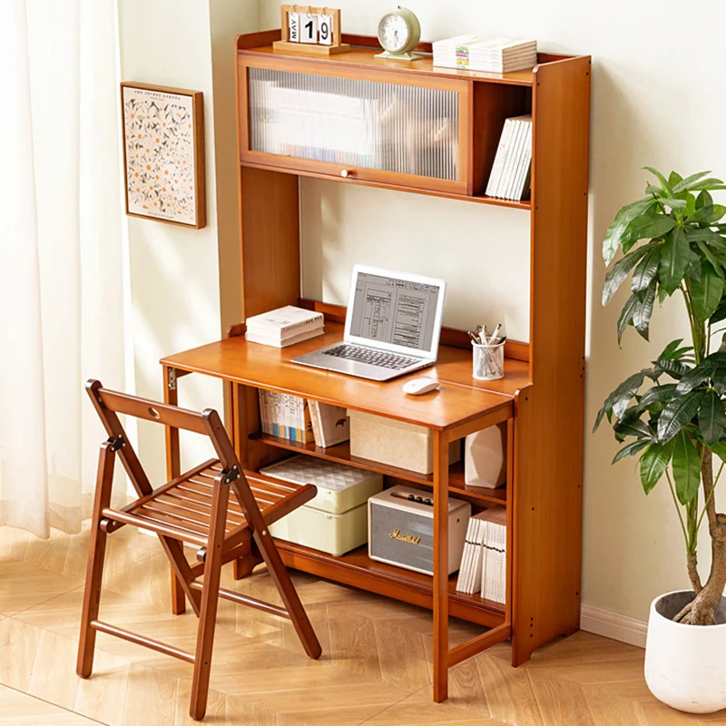 Traditional Vintage Bamboo MDF Acrylic Foldable Rectangular Kids Study Desk Chair Set With 4-Tier For Living Room