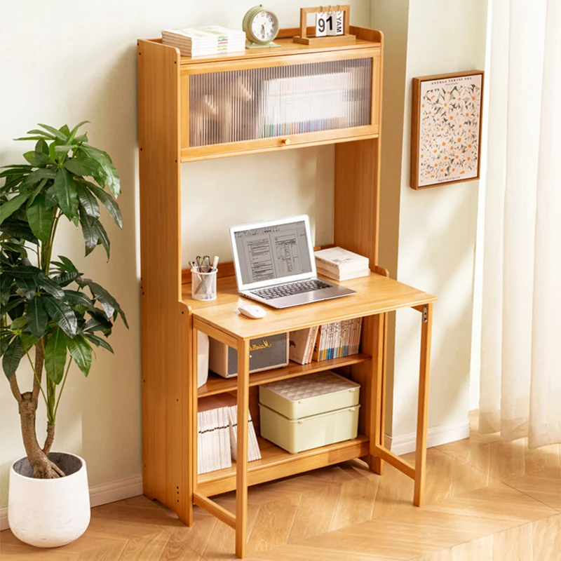 Traditional Vintage Bamboo MDF Acrylic Foldable Rectangular Kids Study Desk Chair Set With 4-Tier For Living Room