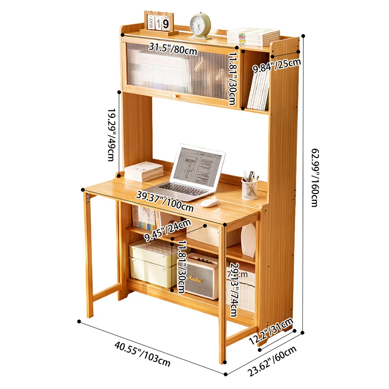 Traditional Vintage Bamboo MDF Acrylic Foldable Rectangular Kids Study Desk Chair Set With 4-Tier For Living Room