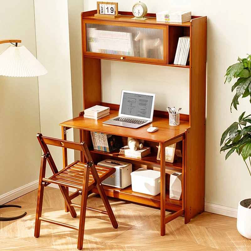Traditional Vintage Bamboo MDF Acrylic Foldable Rectangular Kids Study Desk Chair Set With 4-Tier For Living Room