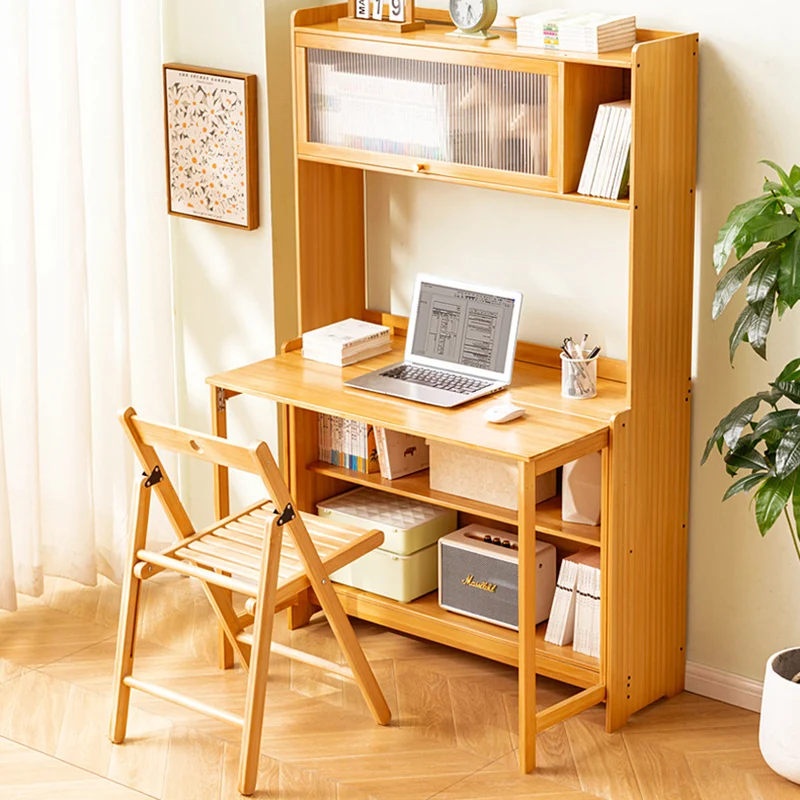 Traditional Vintage Bamboo MDF Acrylic Foldable Rectangular Kids Study Desk Chair Set With 4-Tier For Living Room