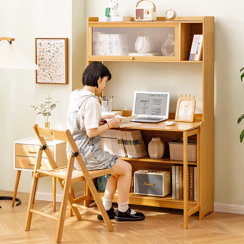 Traditional Vintage Bamboo MDF Acrylic Foldable Rectangular Kids Study Desk Chair Set With 4-Tier For Living Room