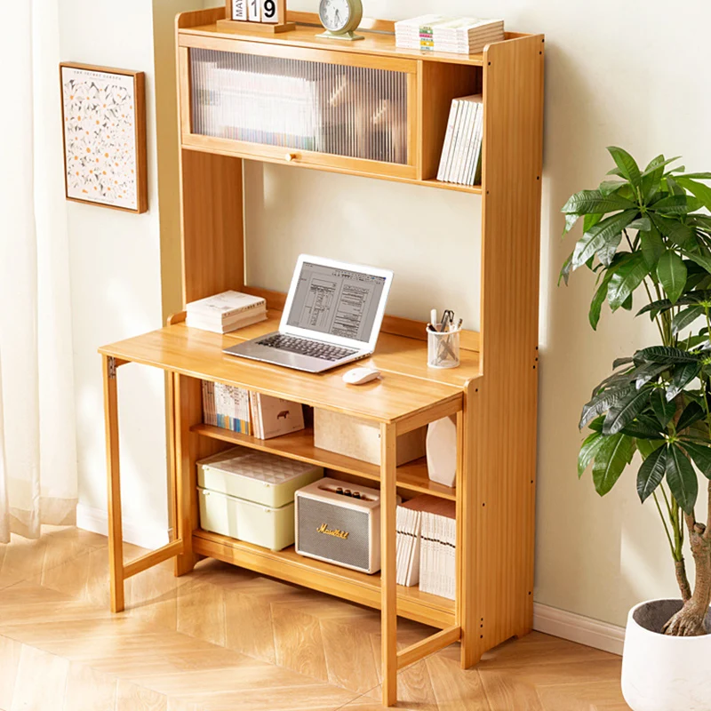 Traditional Vintage Bamboo MDF Acrylic Foldable Rectangular Kids Study Desk Chair Set With 4-Tier For Living Room