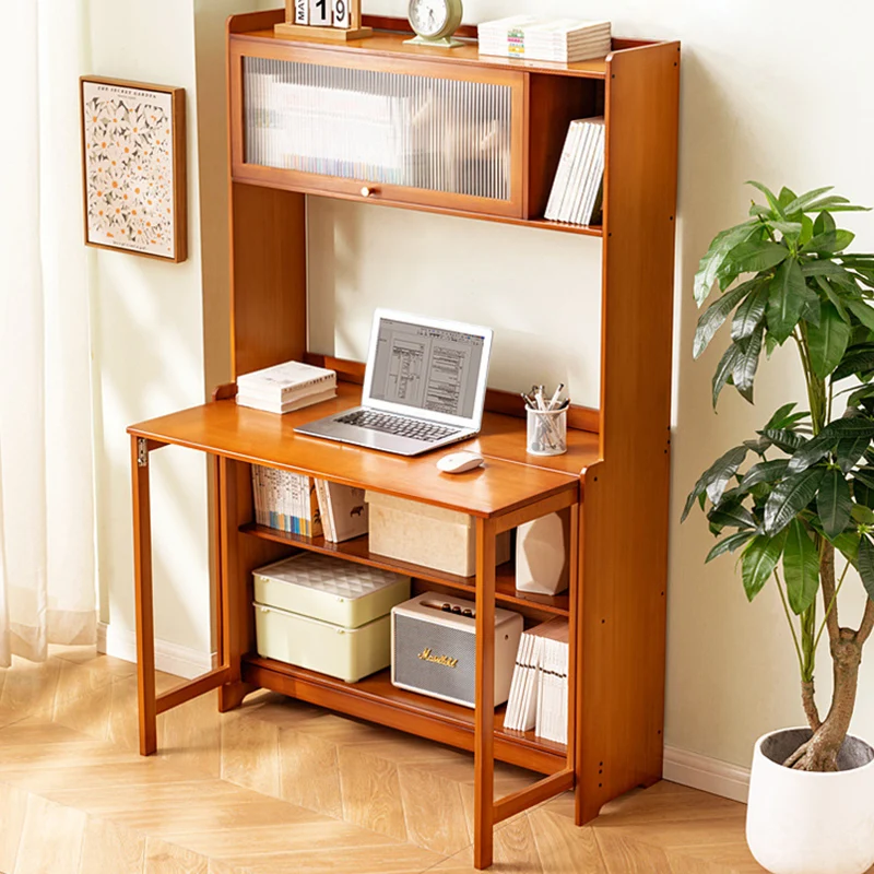 Traditional Vintage Bamboo MDF Acrylic Foldable Rectangular Kids Study Desk Chair Set With 4-Tier For Living Room