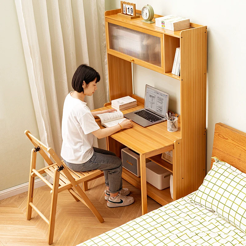 Traditional Vintage Bamboo MDF Acrylic Foldable Rectangular Kids Study Desk Chair Set With 4-Tier For Living Room