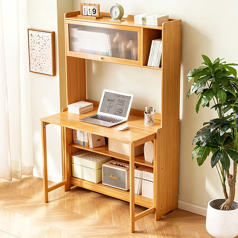 Traditional Vintage Bamboo MDF Acrylic Foldable Rectangular Kids Study Desk Chair Set With 4-Tier For Living Room