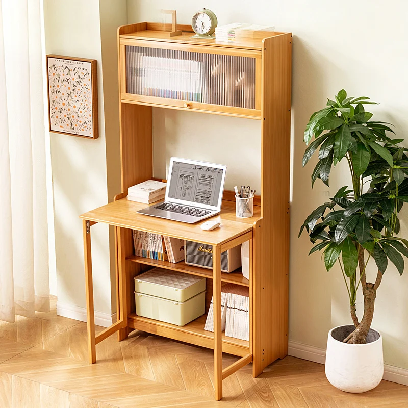 Traditional Vintage Bamboo MDF Acrylic Foldable Rectangular Kids Study Desk Chair Set With 4-Tier For Living Room