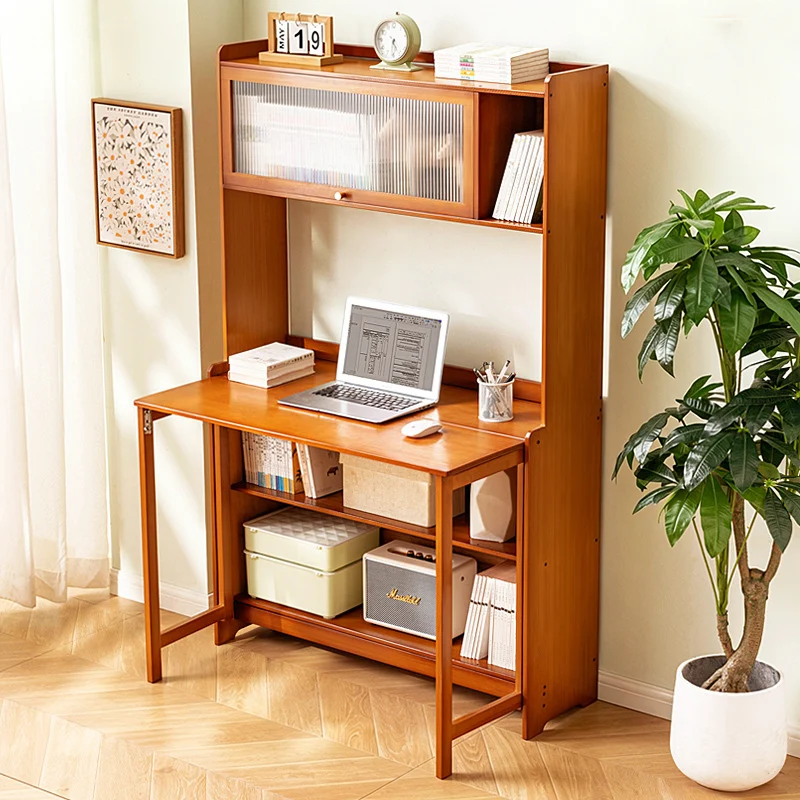 Traditional Vintage Bamboo MDF Acrylic Foldable Rectangular Kids Study Desk Chair Set With 4-Tier For Living Room
