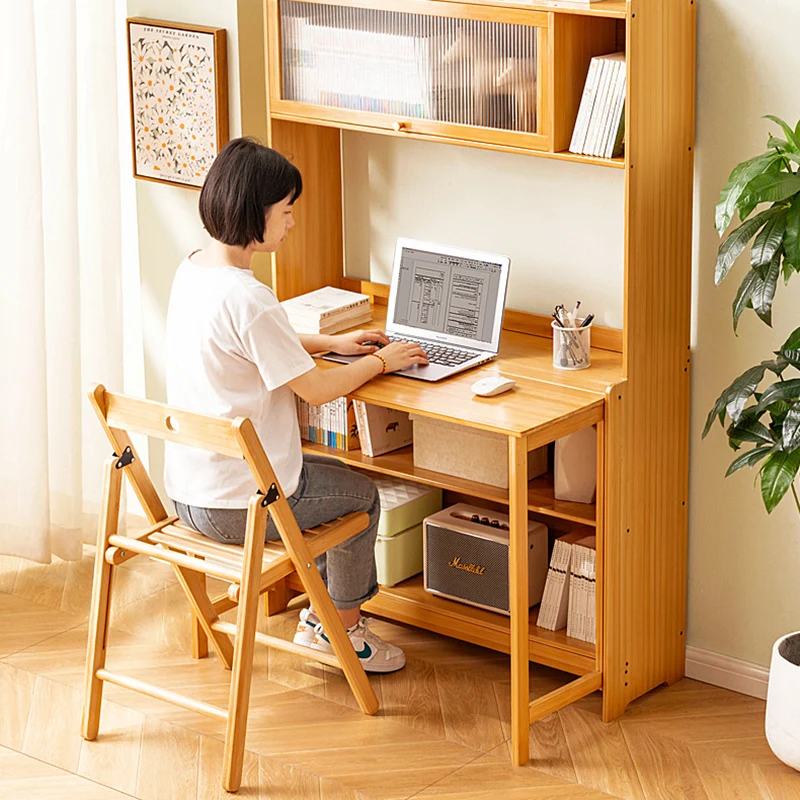 Traditional Vintage Bamboo MDF Acrylic Foldable Rectangular Kids Study Desk Chair Set With 4-Tier For Living Room