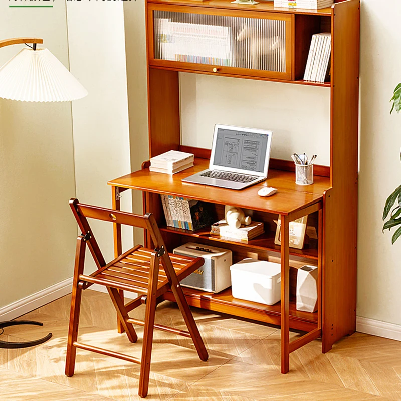 Traditional Vintage Bamboo MDF Acrylic Foldable Rectangular Kids Study Desk Chair Set With 4-Tier For Living Room