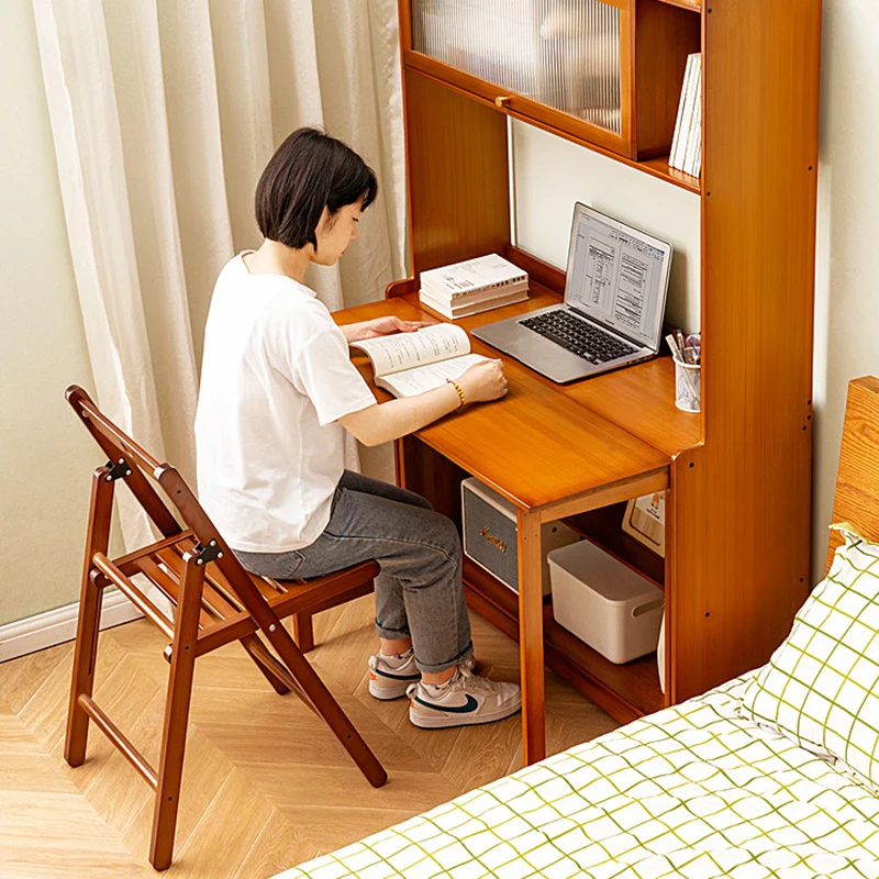 Traditional Vintage Bamboo MDF Acrylic Foldable Rectangular Kids Study Desk Chair Set With 4-Tier For Living Room