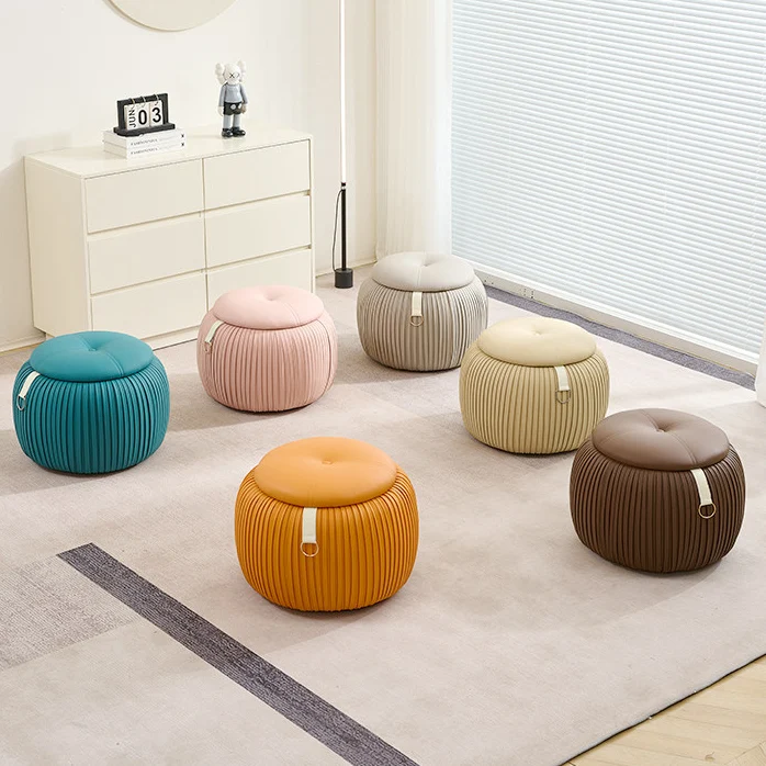 Contemporary Scandinavian Faux Leather Sponge Plywood Pumpkin-Shaped Multi-Use Storage Low Stool Backless Armless For Living Room & Entryway