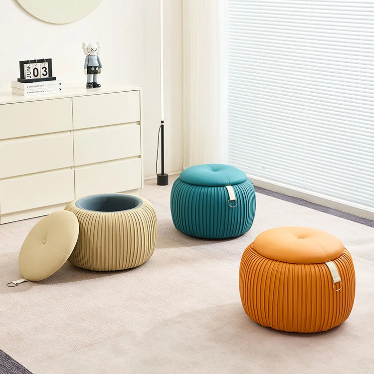 Contemporary Scandinavian Faux Leather Sponge Plywood Pumpkin-Shaped Multi-Use Storage Low Stool Backless Armless For Living Room & Entryway