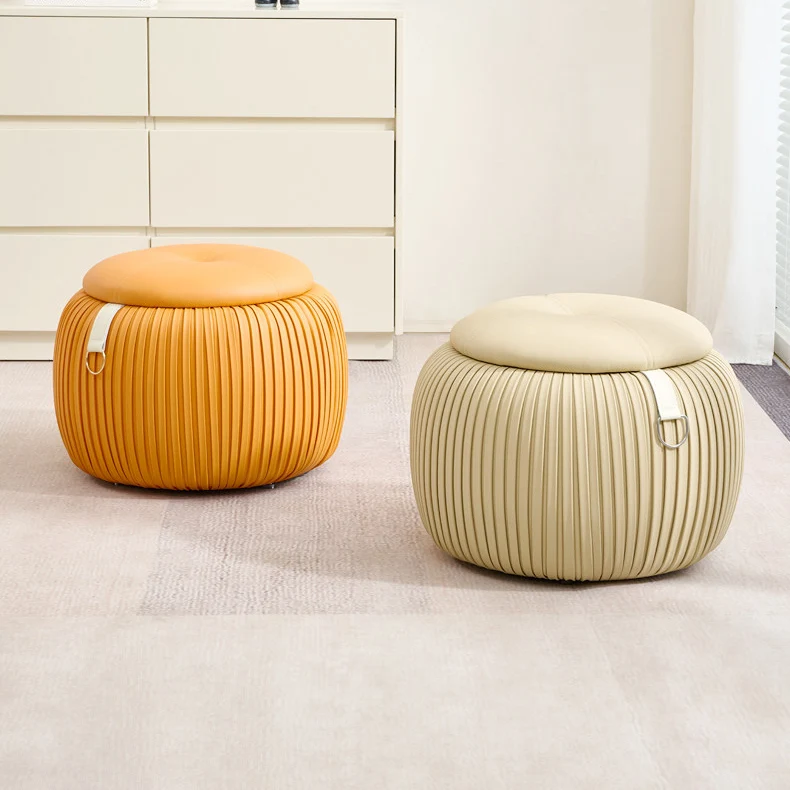 Contemporary Scandinavian Faux Leather Sponge Plywood Pumpkin-Shaped Multi-Use Storage Low Stool Backless Armless For Living Room & Entryway