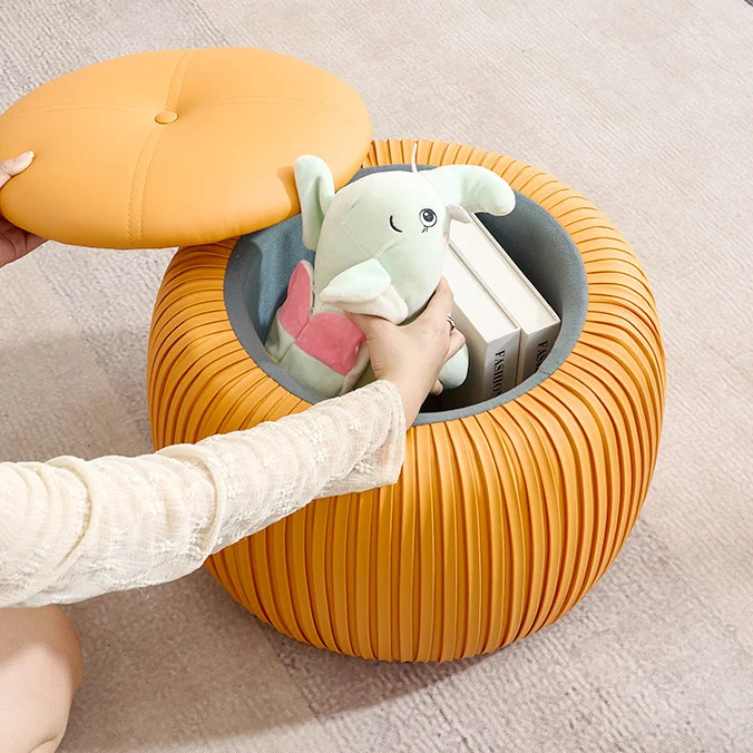 Contemporary Scandinavian Faux Leather Sponge Plywood Pumpkin-Shaped Multi-Use Storage Low Stool Backless Armless For Living Room & Entryway