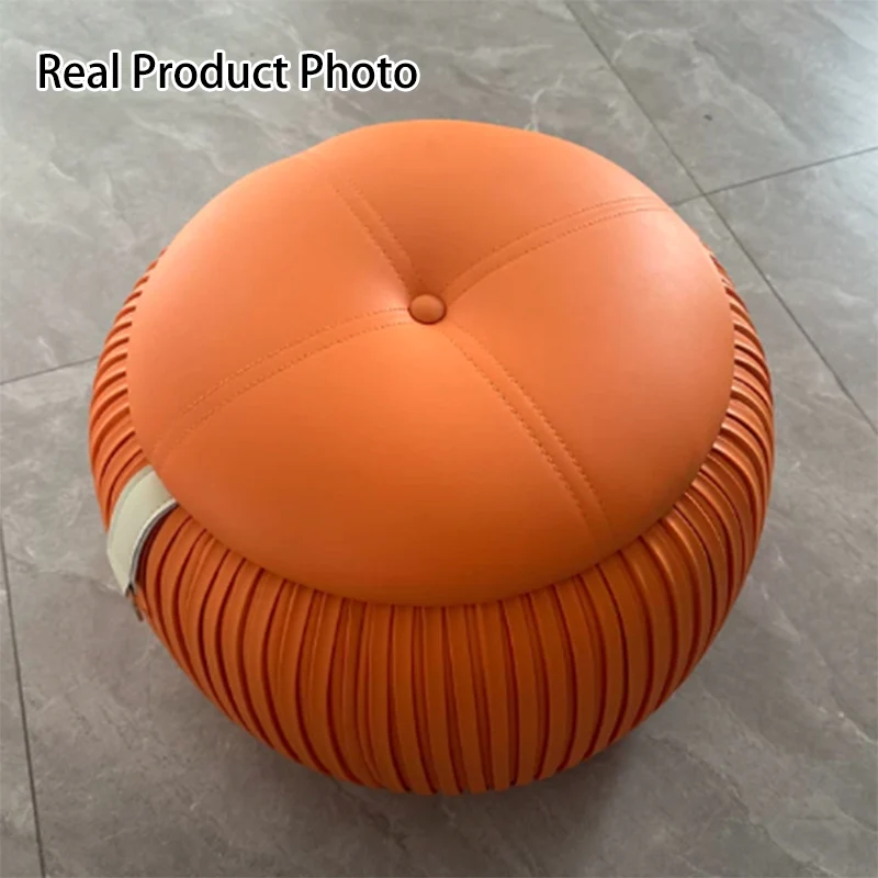 Contemporary Scandinavian Faux Leather Sponge Plywood Pumpkin-Shaped Multi-Use Storage Low Stool Backless Armless For Living Room & Entryway