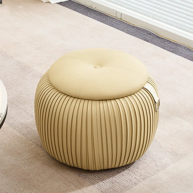 Contemporary Scandinavian Faux Leather Sponge Plywood Pumpkin-Shaped Multi-Use Storage Low Stool Backless Armless For Living Room & Entryway