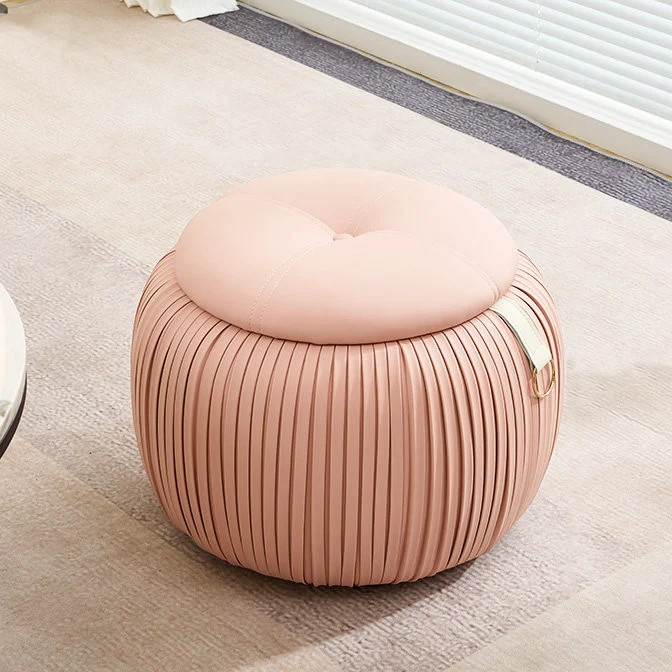 Contemporary Scandinavian Faux Leather Sponge Plywood Pumpkin-Shaped Multi-Use Storage Low Stool Backless Armless For Living Room & Entryway