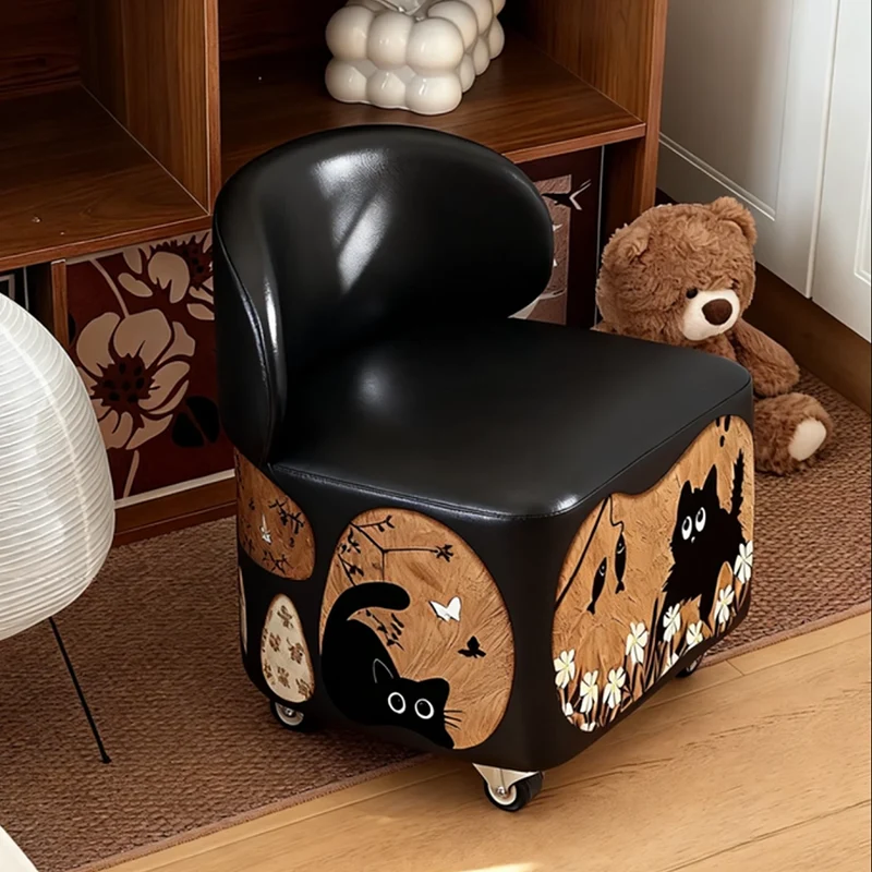 Modern Minimalist Faux Leather Plywood Curved-Edge Rectangular Movable Low Stool Backrest Armless For Living Room & Entryway