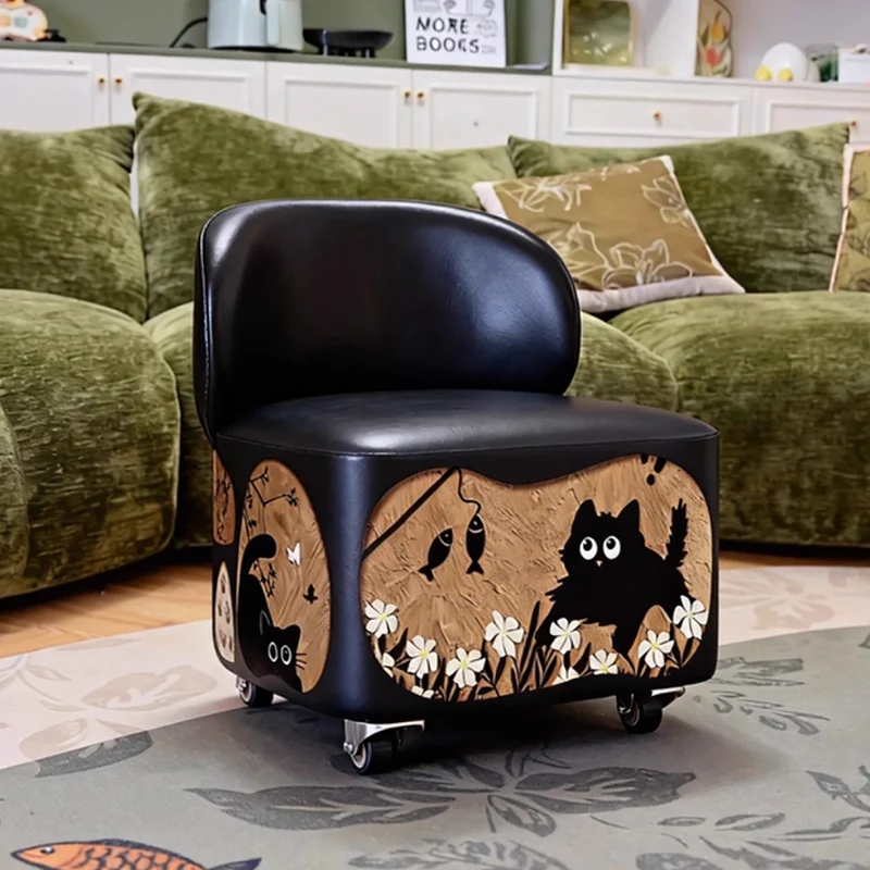 Modern Minimalist Faux Leather Plywood Curved-Edge Rectangular Movable Low Stool Backrest Armless For Living Room & Entryway