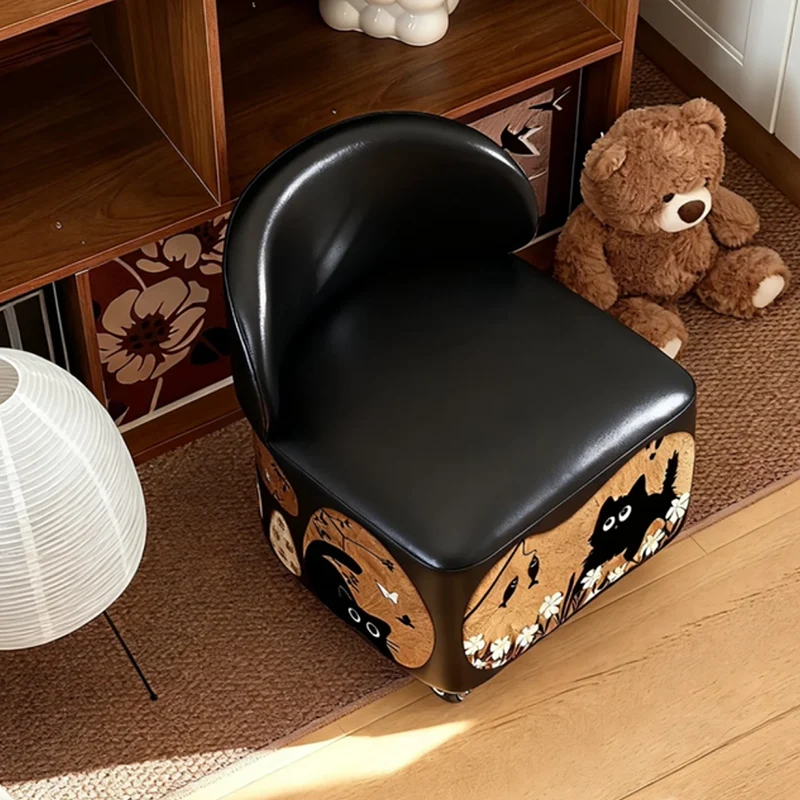 Modern Minimalist Faux Leather Plywood Curved-Edge Rectangular Movable Low Stool Backrest Armless For Living Room & Entryway