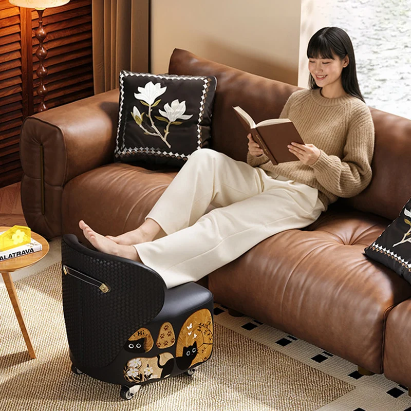 Modern Minimalist Faux Leather Plywood Curved-Edge Rectangular Movable Low Stool Backrest Armless For Living Room & Entryway