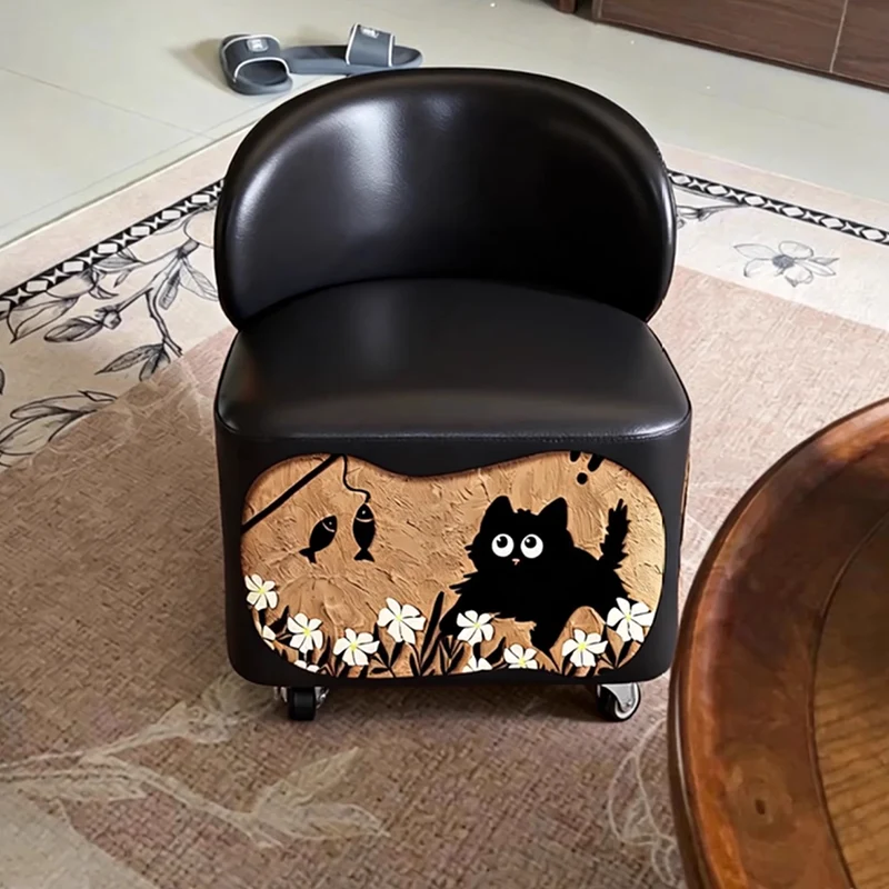 Modern Minimalist Faux Leather Plywood Curved-Edge Rectangular Movable Low Stool Backrest Armless For Living Room & Entryway