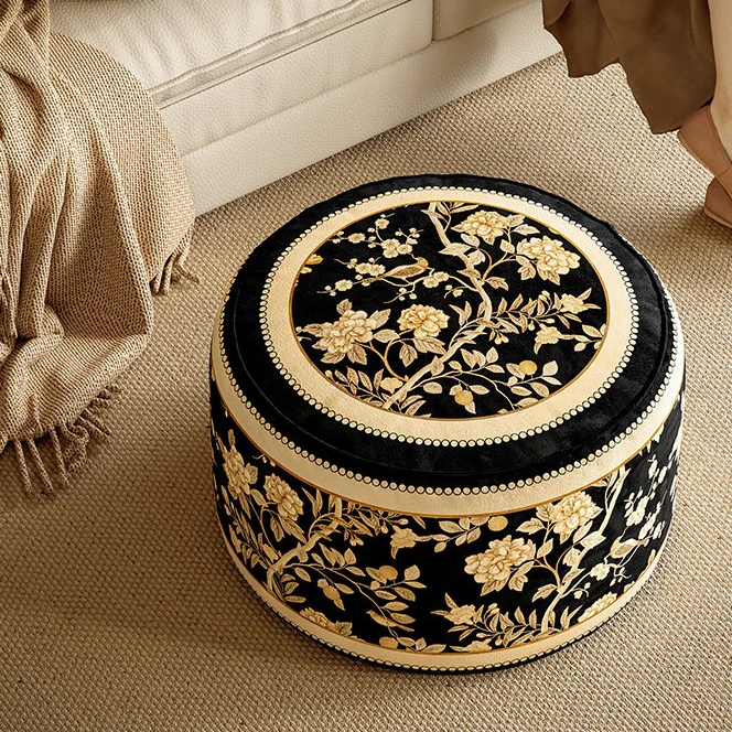 Traditional Rustic Short Plush Velvet EPP Cylindrical Lightweight Removable Cover Low Stool Backless Armless For Living Room & Bedroom
