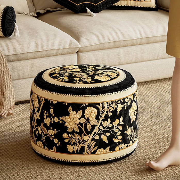 Traditional Rustic Short Plush Velvet EPP Cylindrical Lightweight Removable Cover Low Stool Backless Armless For Living Room & Bedroom