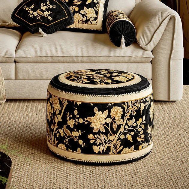 Traditional Rustic Short Plush Velvet EPP Cylindrical Lightweight Removable Cover Low Stool Backless Armless For Living Room & Bedroom