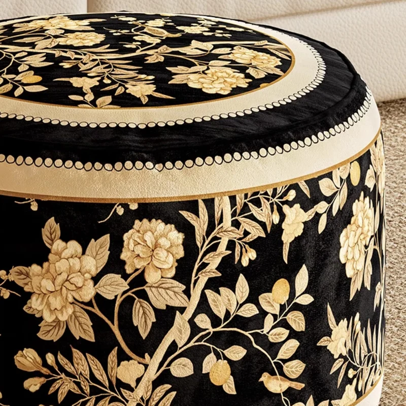 Traditional Rustic Short Plush Velvet EPP Cylindrical Lightweight Removable Cover Low Stool Backless Armless For Living Room & Bedroom