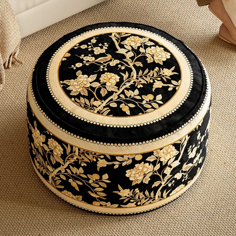 Traditional Rustic Short Plush Velvet EPP Cylindrical Lightweight Removable Cover Low Stool Backless Armless For Living Room & Bedroom