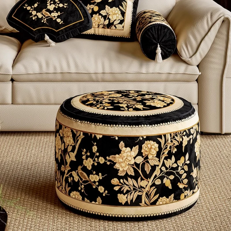 Traditional Rustic Short Plush Velvet EPP Cylindrical Lightweight Removable Cover Low Stool Backless Armless For Living Room & Bedroom
