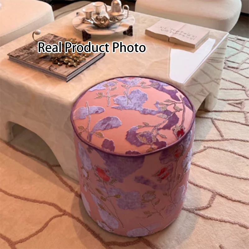 Traditional Chinese Polyester Fiber Solid Wood Sponge Cylindrical Low Stool Backless Armless For Living Room & Bedroom