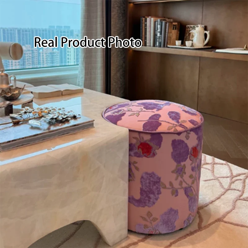 Traditional Chinese Polyester Fiber Solid Wood Sponge Cylindrical Low Stool Backless Armless For Living Room & Bedroom