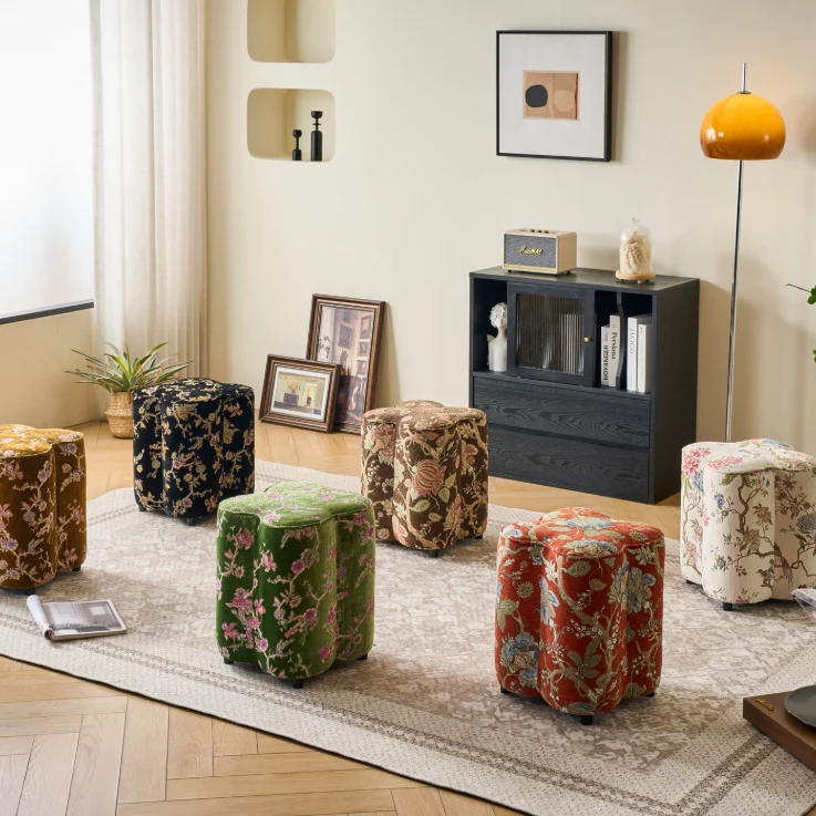 Traditional Chinese Pine Wood Sponge Chenille Velvet Petal-Shaped Low Stool Backless Armless For Entryway & Hallway