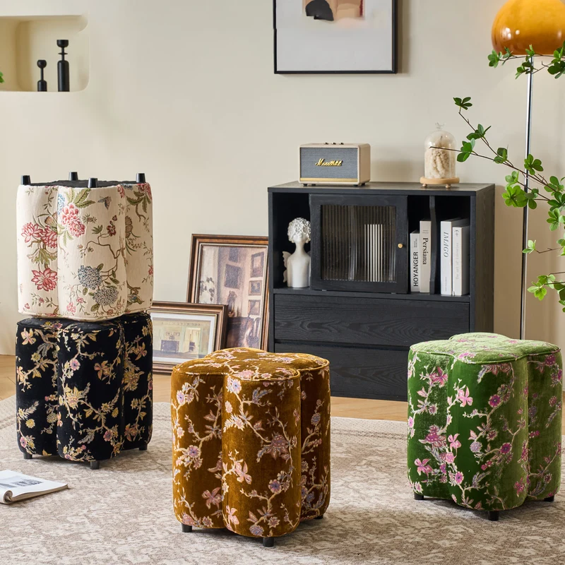 Traditional Chinese Pine Wood Sponge Chenille Velvet Petal-Shaped Low Stool Backless Armless For Entryway & Hallway