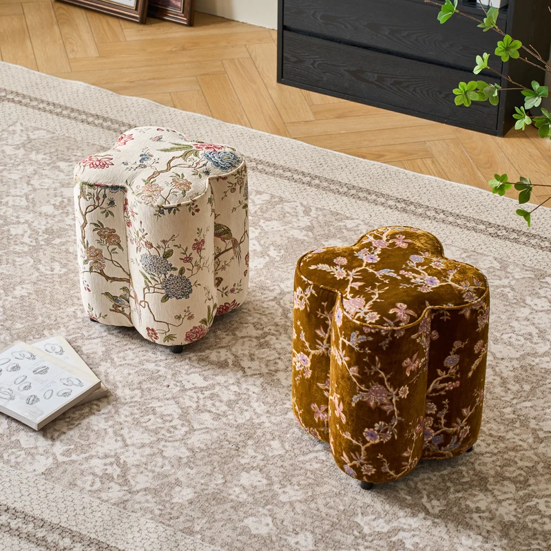 Traditional Chinese Pine Wood Sponge Chenille Velvet Petal-Shaped Low Stool Backless Armless For Entryway & Hallway